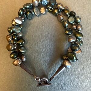 925 Triple Strand of Green and Brown Multicolored Pearl Bracelet